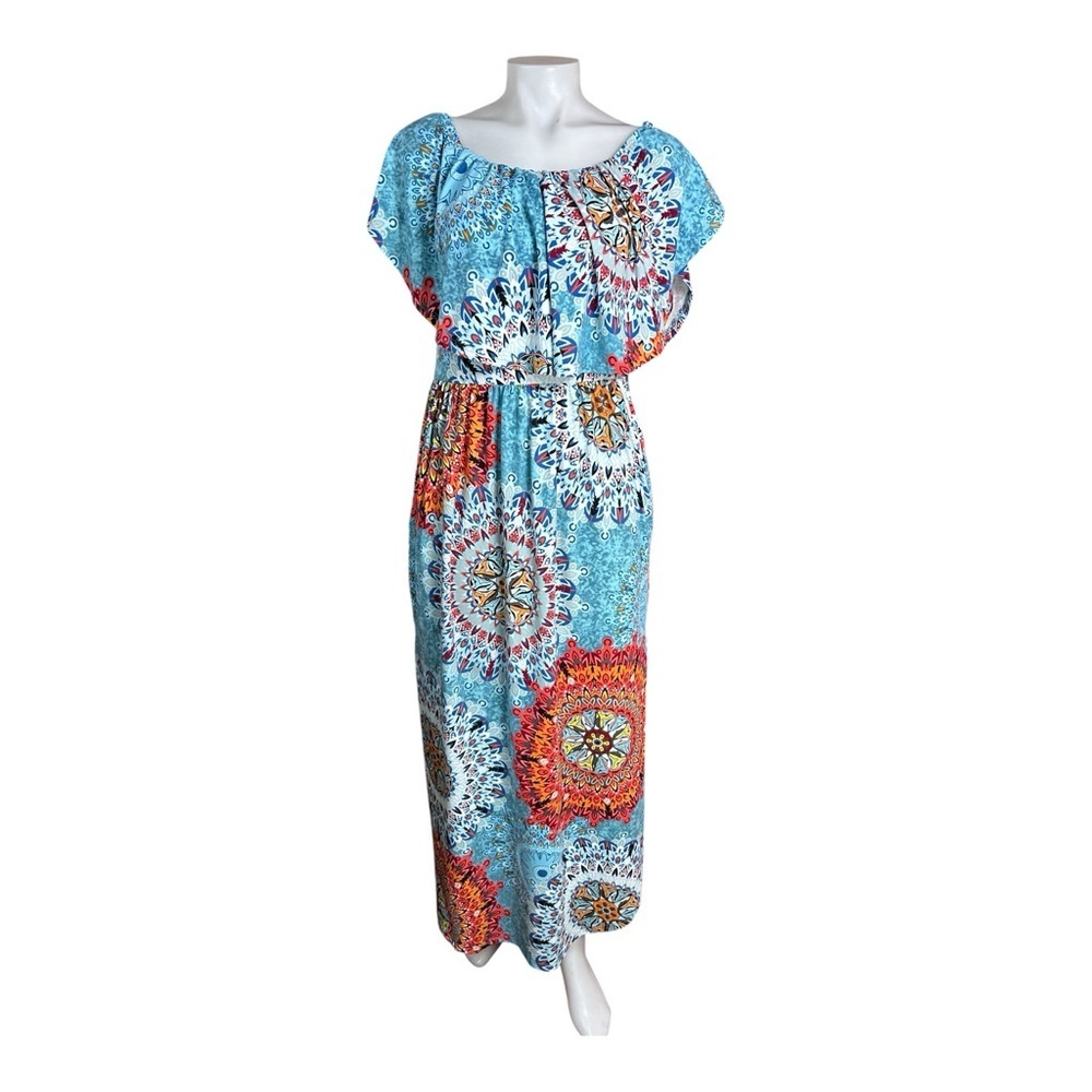 Verabendi Boho Mandala Maxi Dress Off Shoulder Blue Orange Size M - Picture 10 of 13
